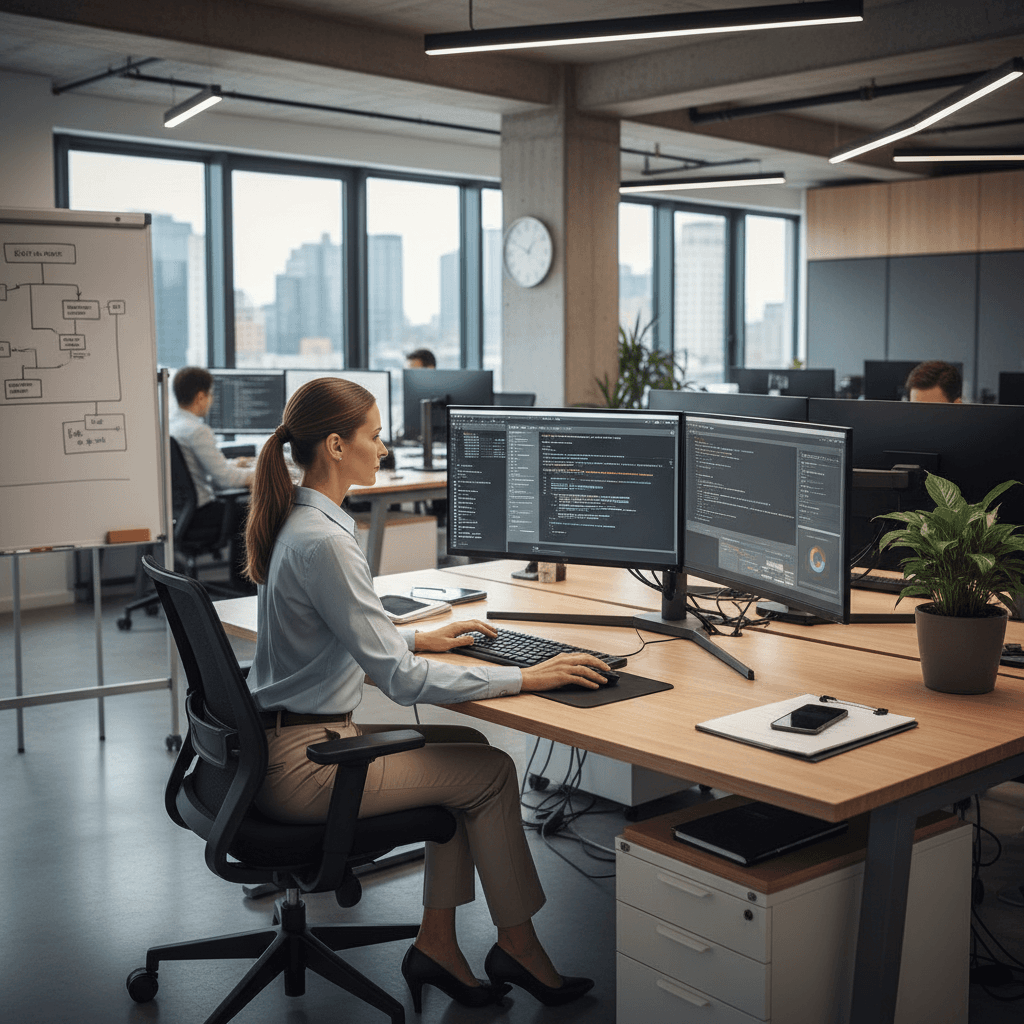 IT consultant working at desk with multiple monitors