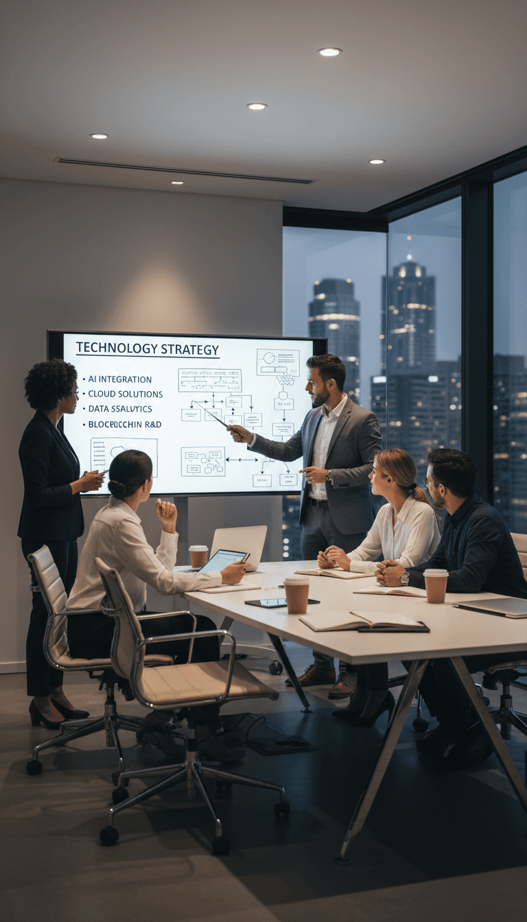 Business team in strategy meeting discussing technology