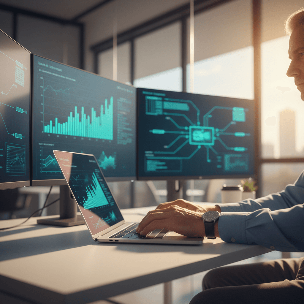 IT consultant reviewing infrastructure strategy at workstation